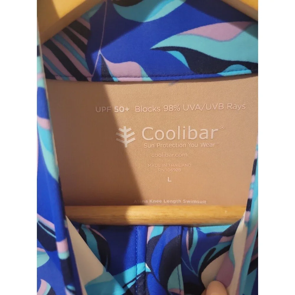 NWT Coolibar Alana Knee Length Long Sleeve Swimsuit Blue Tropical Size L UPF 50+